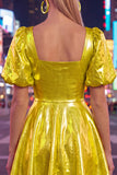 Yellow Metallic A-Line Short 80s Homecoming Dress with Sleeves