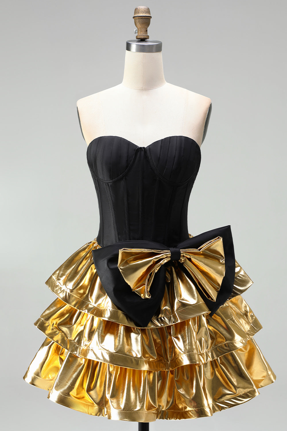 Black Golden Metallic Corset Ruffled A-Line Short 80s Homecoming Dress with Bow