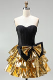 Black Golden Metallic Corset Ruffled A-Line Short 80s Homecoming Dress with Bow