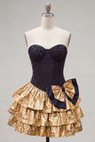 Black Golden Metallic Corset Ruffled A-Line Short 80s Homecoming Dress with Bow
