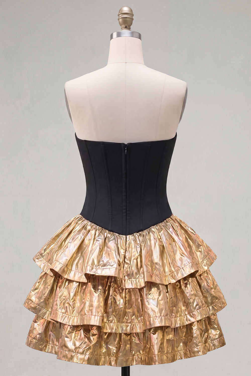 Black Golden Metallic Corset Ruffled A-Line Short 80s Homecoming Dress with Bow