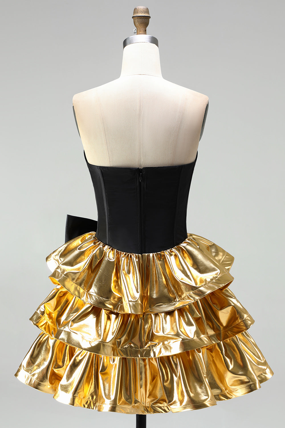 Black Golden Metallic Corset Ruffled A-Line Short 80s Homecoming Dress with Bow