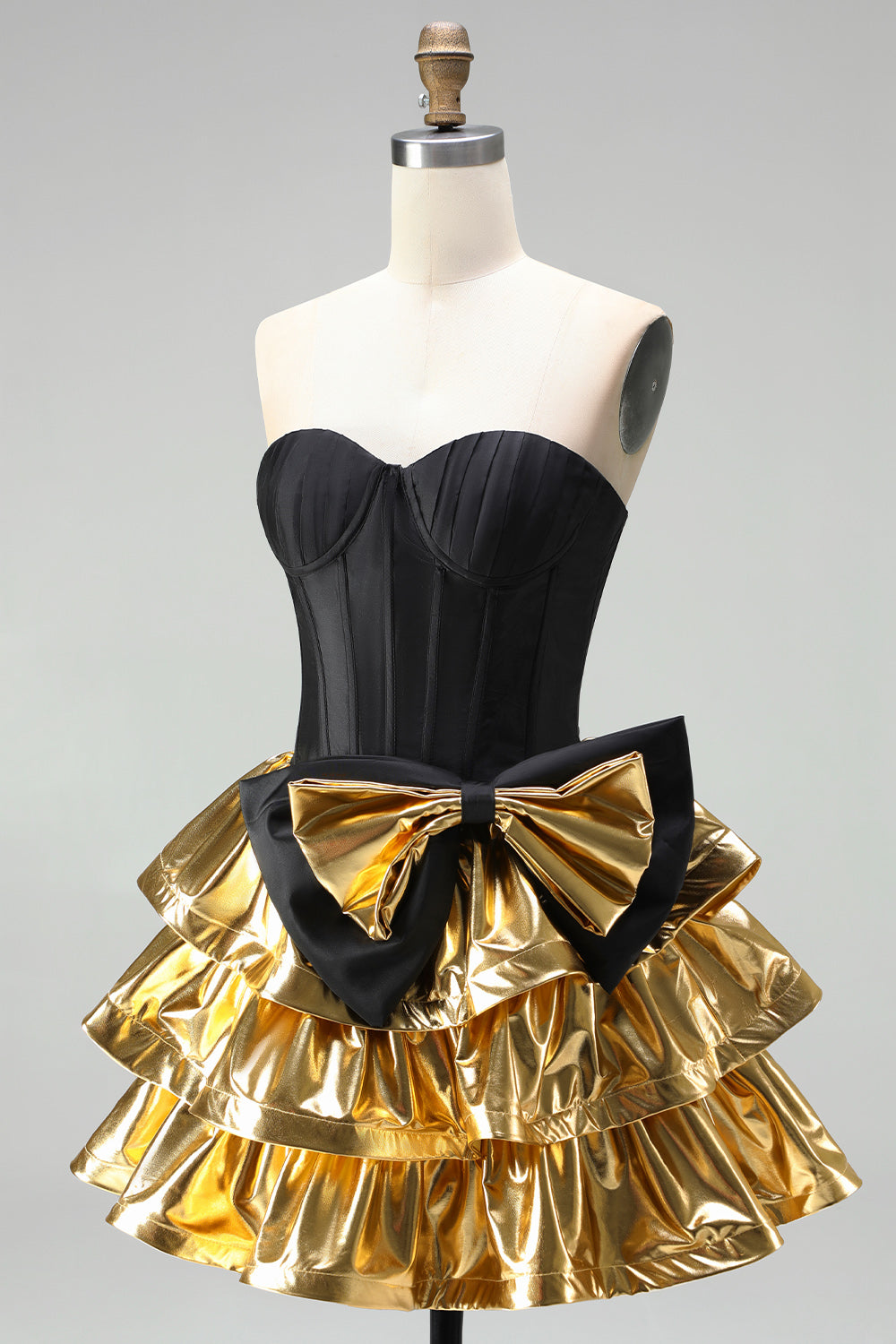 Black Golden Metallic Corset Ruffled A-Line Short 80s Homecoming Dress with Bow