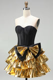 Black Golden Metallic Corset Ruffled A-Line Short 80s Homecoming Dress with Bow