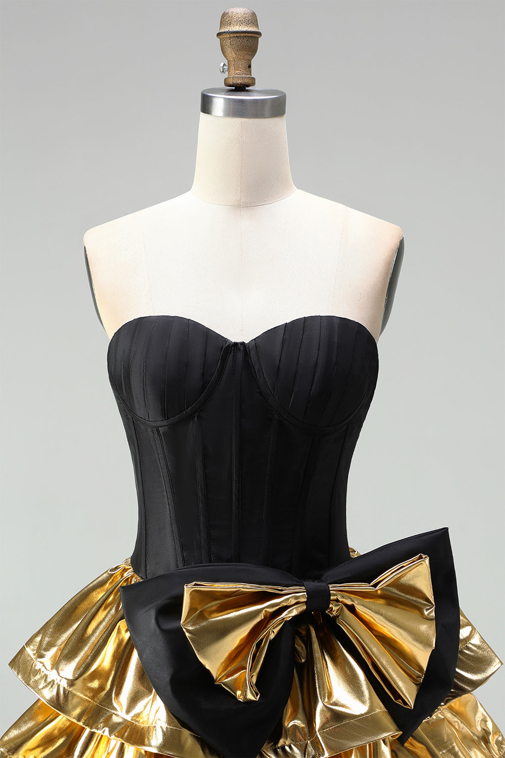 Black Golden Metallic Corset Ruffled A-Line Short 80s Homecoming Dress with Bow