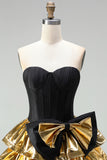 Black Golden Metallic Corset Ruffled A-Line Short 80s Homecoming Dress with Bow