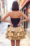 Black Golden Metallic Corset Ruffled A-Line Short 80s Homecoming Dress with Bow