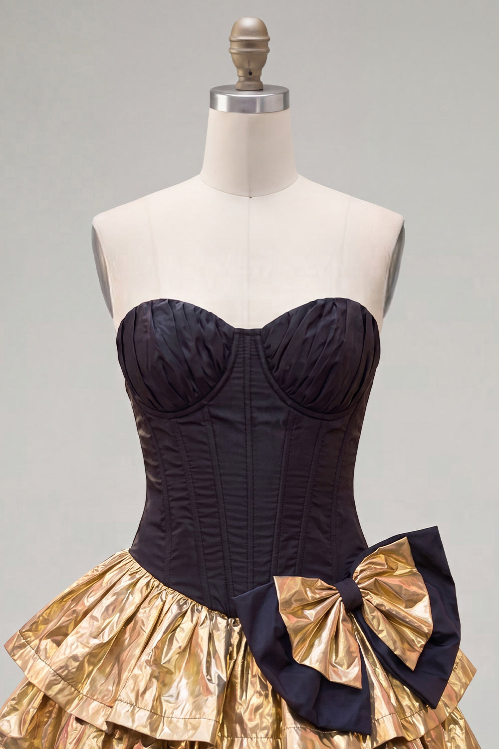 Black Golden Metallic Corset Ruffled A-Line Short 80s Homecoming Dress with Bow