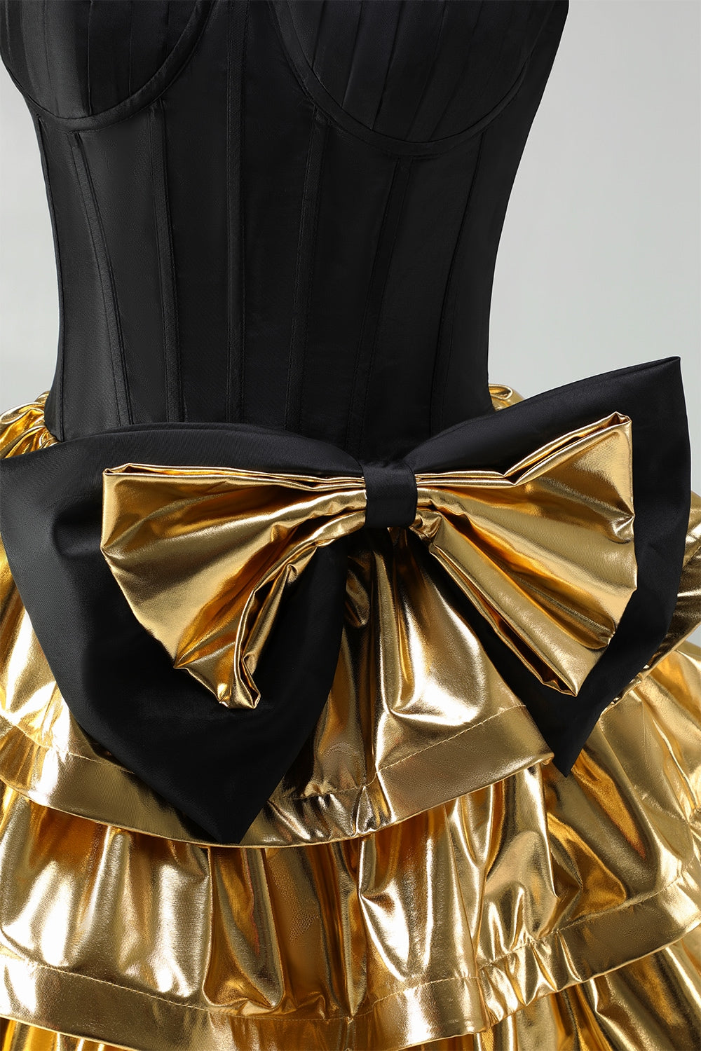 Black Golden Metallic Corset Ruffled A-Line Short 80s Homecoming Dress with Bow