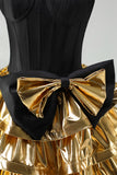 Black Golden Metallic Corset Ruffled A-Line Short 80s Homecoming Dress with Bow