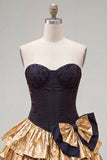 Black Golden Metallic Corset Ruffled A-Line Short 80s Homecoming Dress with Bow