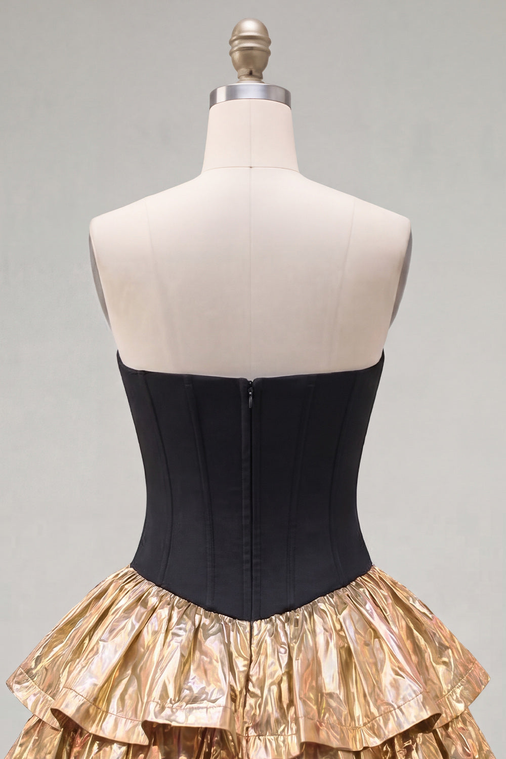 Black Golden Metallic Corset Ruffled A-Line Short 80s Homecoming Dress with Bow