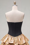 Black Golden Metallic Corset Ruffled A-Line Short 80s Homecoming Dress with Bow