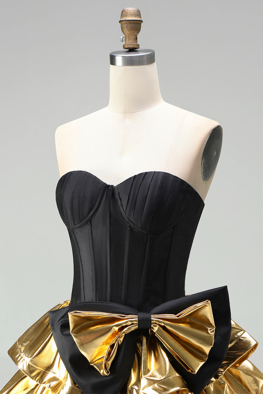 Black Golden Metallic Corset Ruffled A-Line Short 80s Homecoming Dress with Bow