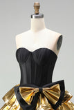 Black Golden Metallic Corset Ruffled A-Line Short 80s Homecoming Dress with Bow