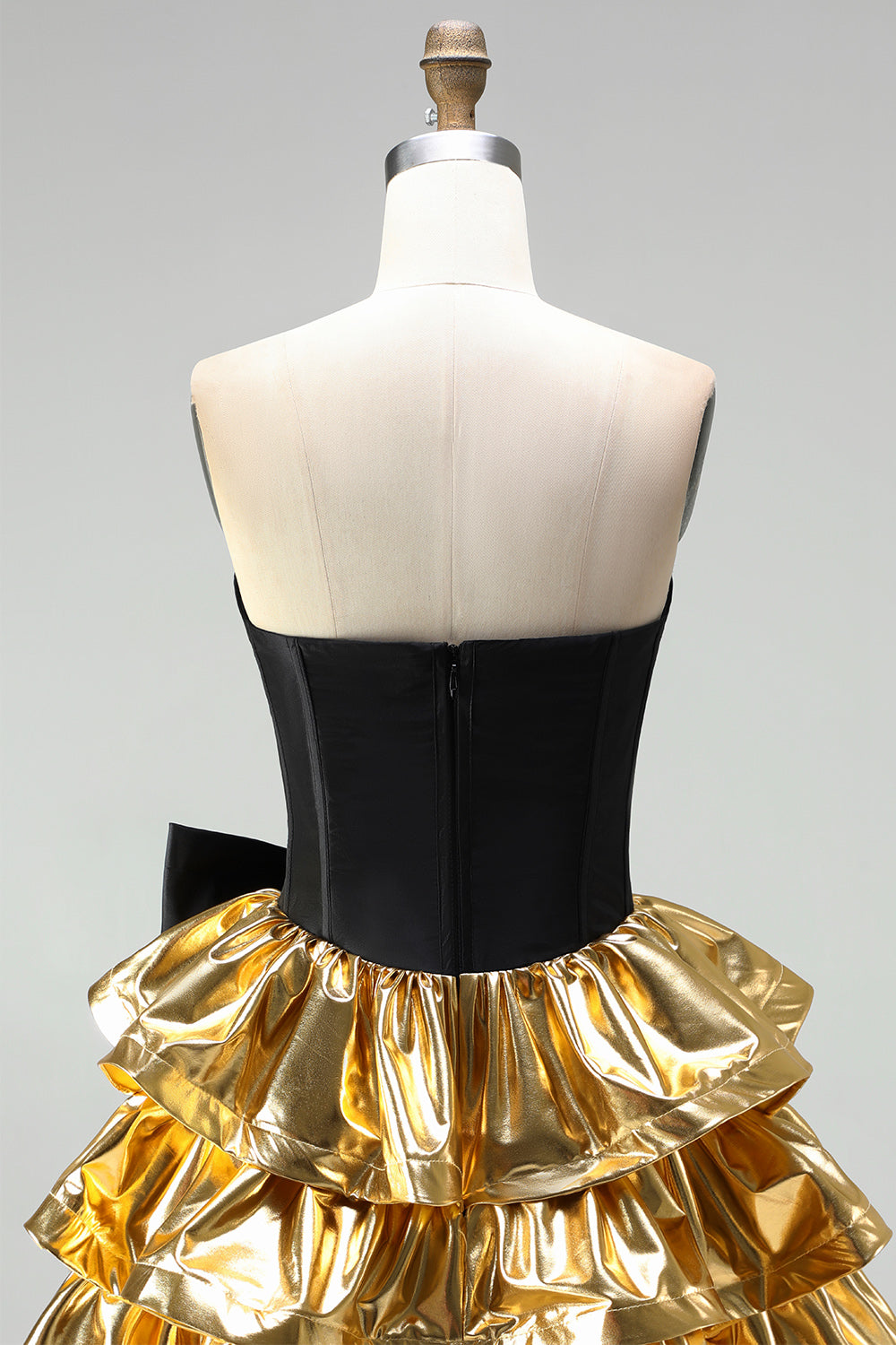Black Golden Metallic Corset Ruffled A-Line Short 80s Homecoming Dress with Bow