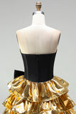 Black Golden Metallic Corset Ruffled A-Line Short 80s Homecoming Dress with Bow