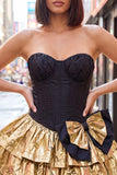 Black Golden Metallic Corset Ruffled A-Line Short 80s Homecoming Dress with Bow