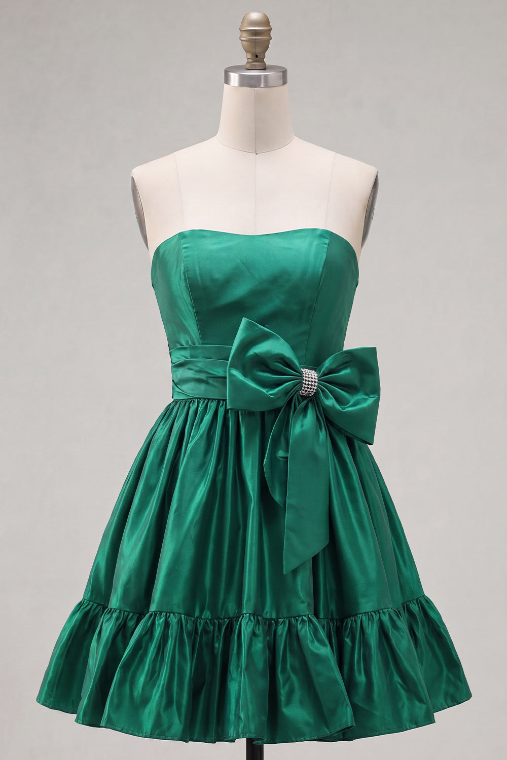 Dark Green Satin Strapless Short 80s Homecoming Dress with Bow