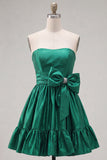 Dark Green Satin Strapless Short 80s Homecoming Dress with Bow