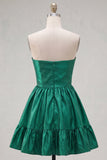 Dark Green Satin Strapless Short 80s Homecoming Dress with Bow