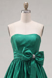 Dark Green Satin Strapless Short 80s Homecoming Dress with Bow