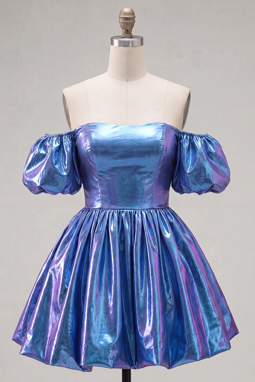 Blue Metallic A-Line Short 80s Homecoming Dress with Sleeves