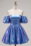 Blue Metallic A-Line Short 80s Homecoming Dress with Sleeves
