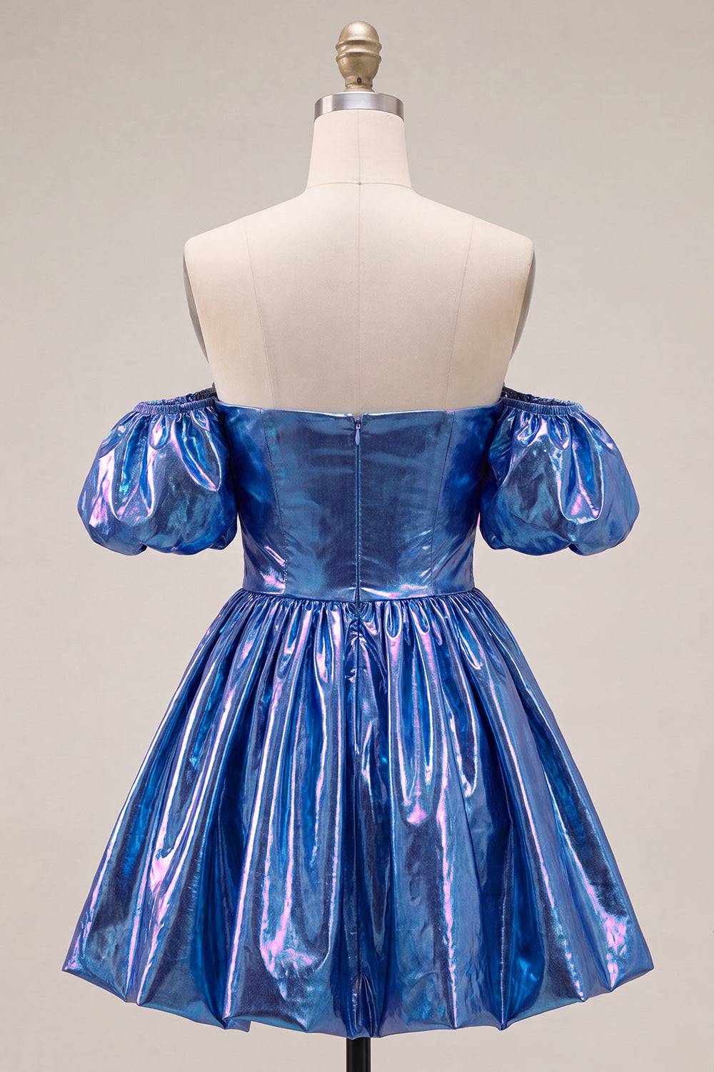 Blue Metallic A-Line Short 80s Homecoming Dress with Sleeves