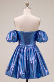 Blue Metallic A-Line Short 80s Homecoming Dress with Sleeves