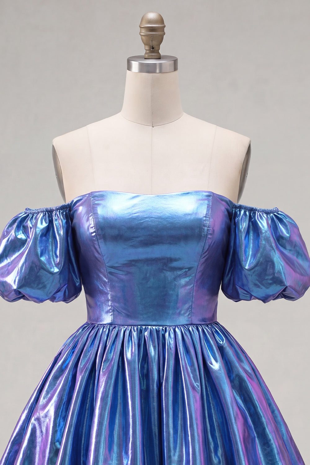 Blue Metallic A-Line Short 80s Homecoming Dress with Sleeves