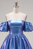 Blue Metallic A-Line Short 80s Homecoming Dress with Sleeves
