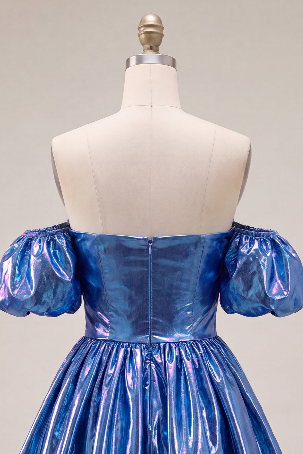 Blue Metallic A-Line Short 80s Homecoming Dress with Sleeves