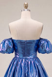 Blue Metallic A-Line Short 80s Homecoming Dress with Sleeves