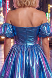 Blue Metallic A-Line Short 80s Homecoming Dress with Sleeves