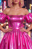 Blue Metallic A-Line Short 80s Homecoming Dress with Sleeves