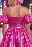 Blue Metallic A-Line Short 80s Homecoming Dress with Sleeves