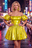 Blue Metallic A-Line Short 80s Homecoming Dress with Sleeves