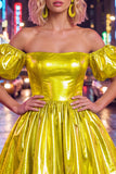 Blue Metallic A-Line Short 80s Homecoming Dress with Sleeves