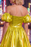 Blue Metallic A-Line Short 80s Homecoming Dress with Sleeves