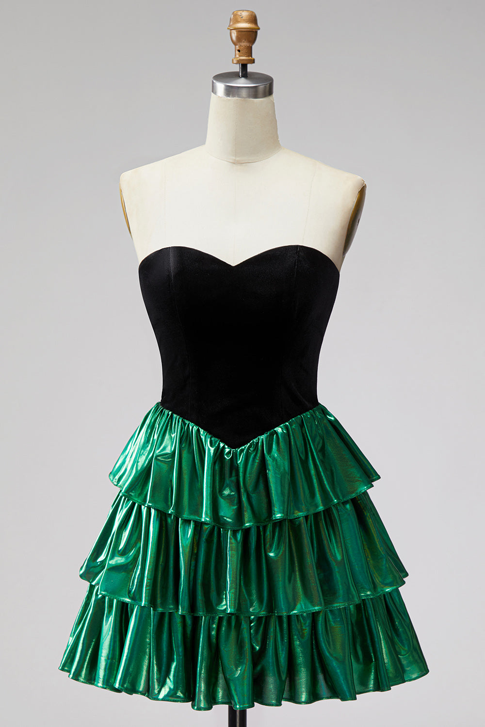 Black Green Metallic Tiered Ruffled A-Line Short 80s Homecoming Dress