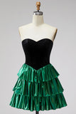 Black Green Metallic Tiered Ruffled A-Line Short 80s Homecoming Dress