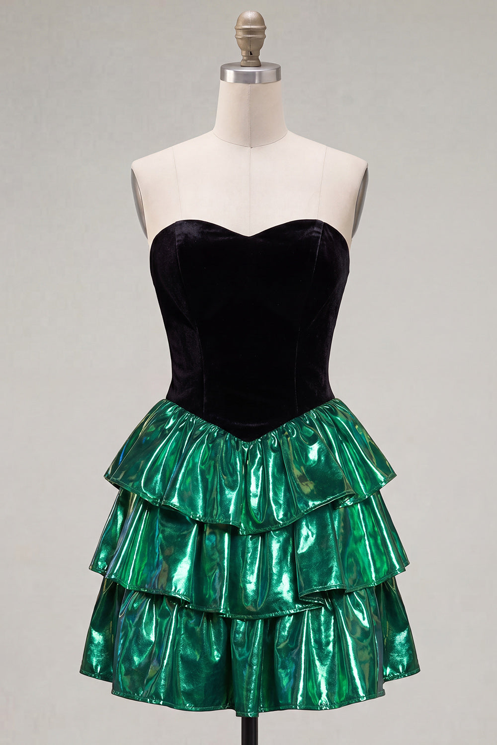 Black Green Metallic Tiered Ruffled A-Line Short 80s Homecoming Dress