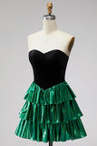 Black Green Metallic Tiered Ruffled A-Line Short 80s Homecoming Dress