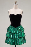 Black Green Metallic Tiered Ruffled A-Line Short 80s Homecoming Dress