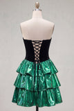 Black Green Metallic Tiered Ruffled A-Line Short 80s Homecoming Dress