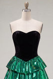 Black Green Metallic Tiered Ruffled A-Line Short 80s Homecoming Dress