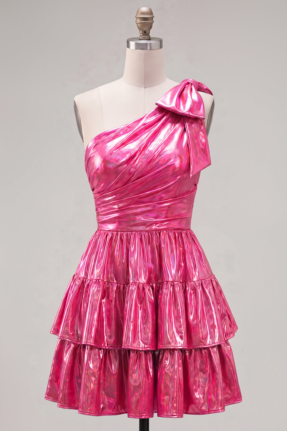 Fuchsia Metallic A-Line Ruffled Short 80s Homecoming Dress with Bow