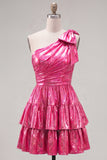 Fuchsia Metallic A-Line Ruffled Short 80s Homecoming Dress with Bow