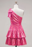 Fuchsia Metallic A-Line Ruffled Short 80s Homecoming Dress with Bow